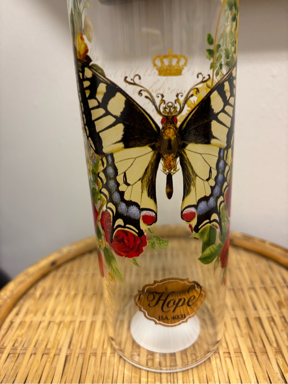 Butterfly Glass Water Bottle Vase - Yellow, Black, Red Floral Design